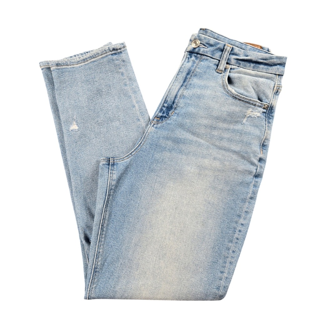 American Eagle Mom Jeans Womens 8 Light Wash Blue Distressed Rip Stretch Denim